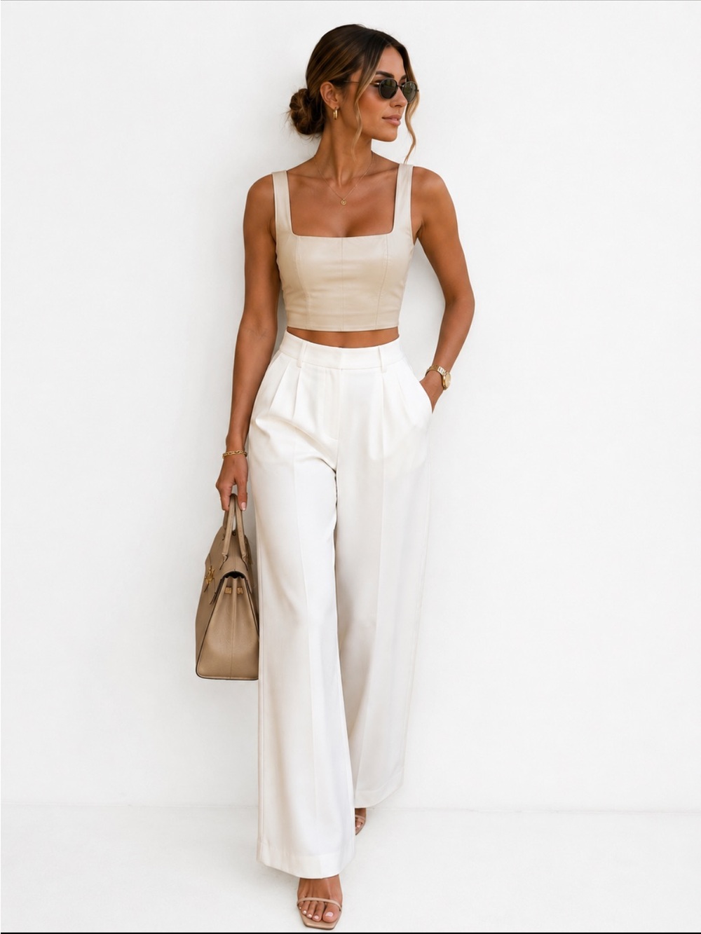 Faux Leather beige cream Square Neck Crop Tank Top S Going Out date night Y2K